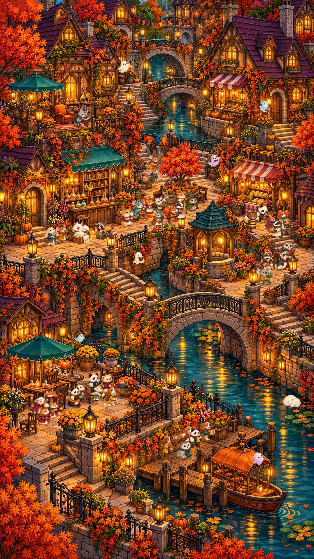 A bustling storybook village beside a moonlit canal, filled with cozy shops, animals, lanterns, and pumpkins.